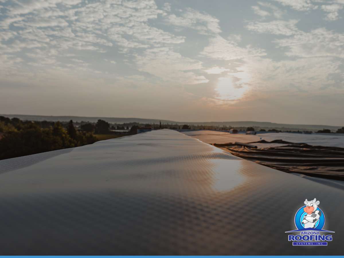 TPO & PVC roofing materials under a sunset sky with the Arizona Roofing Systems logo